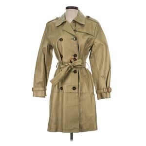 NWOT Terry Lewis Metallic Olive Gold Leather Trench Coat Belted Small Lined